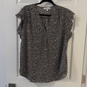 Chaus Black and Tan Leopard Flutter Sleeve Blouse